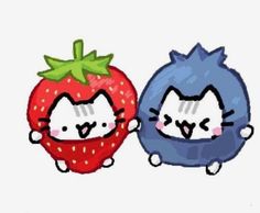 two cartoon cats sitting next to each other with strawberries on their heads and eyes