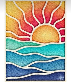 the sun is shining over water with waves and clouds on it, painted in acrylic paint