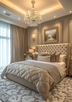 a large bed sitting in a bedroom next to a chandelier above a window