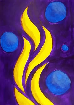 an abstract painting with blue and yellow circles in the middle, on a purple background