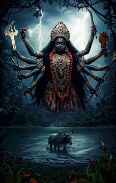 the hindu god is standing in front of a body of water with an animal nearby