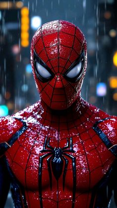 spider - man in the rain with his eyes open and head tilted back to the side