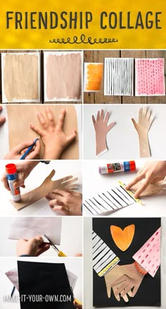 collage of photos with hands and hearts made out of paper