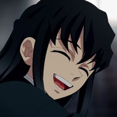an anime character with black hair and red eyes smiles at the camera while looking to his left