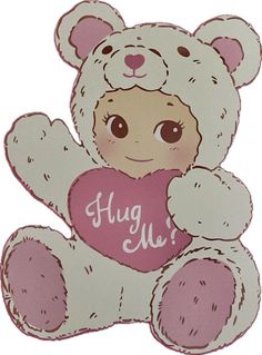 a teddy bear holding a heart with the word hug me on it's chest