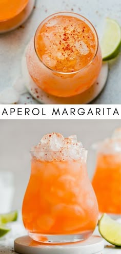 an orange margarita is garnished with salt and lime