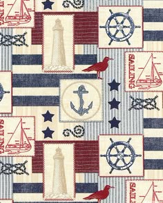 a blue and white striped background with red, white and blue sailboats on it
