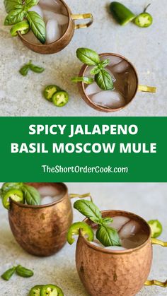 Copper mugs filled with spicy moscow mule with peppa vodka, jalapeños, & fresh basil loves served over ice.