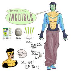 an illustration of a fan created invincible variant. his skin is green, and he is made out of rock candy. his name is inedible, because biting him would break your teeth.