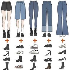 Pairing Shoes With Pants, How To Match Shoes With Pants, Shoes For Different Outfits, Pants And Shoes Guide Women, Outfit Charts Drawing, Shoe And Pants Guide Women, Shoes With Pants Guide, Shoes And Pants Guide, Pants Shoes Guide Women