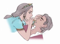 two people that are kissing each other in front of a white background and one is wearing a tiara