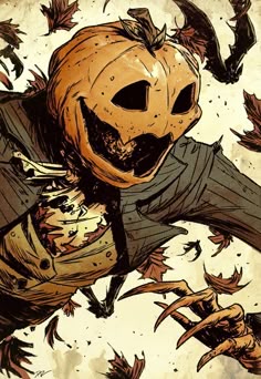 a drawing of a jack o lantern with bats coming out of his mouth and hands in the air