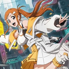 an anime character is flying through the air with her arms outstretched in front of cityscape