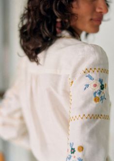Chlo Shirt - Sézane x Lucia Vergara - Aciano Embroidery - Linen - Sézane Feminine Floral Embroidery Shirt For Spring, Spring Daywear Shirt With Floral Embroidery, Sezane Embroidery, Embroidered White Linen Blouse, Spring Linen Shirt With Floral Embroidery, Striped Linen Shirt Womens Embroideredflowers, Sezane Zora Shirt, Sezane Agnan Shirt, Sezane Chloe Shirt