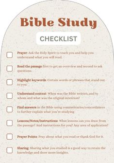 the bible study checklist is shown in red and white, with an orange background