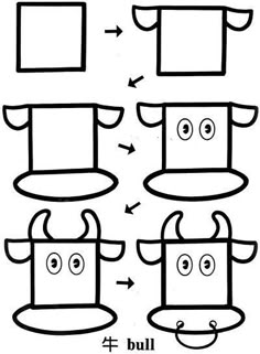 the instructions for how to draw a cartoon cow's head with eyes and nose