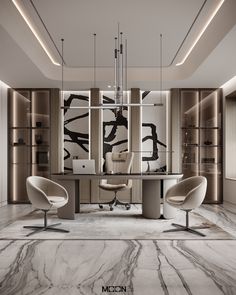 an elegant office with marble floors and walls