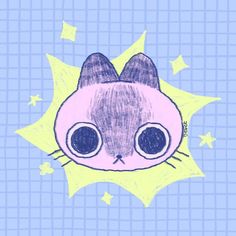 a drawing of a cat with big eyes and stars around it's neck, on a blue background