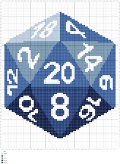a blue and white cross stitched dice with numbers on it