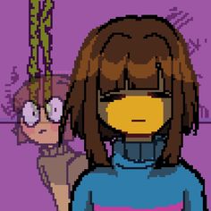 a pixel art image of a woman with glasses and a bird on her head, standing next to another woman