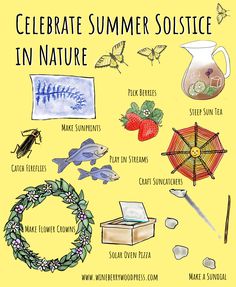 a poster with the words celebrate summer solstice in nature and other things on it