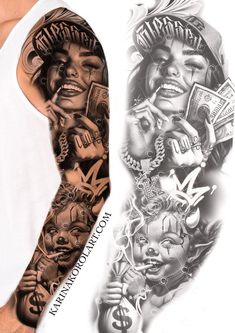 Tattoo Design Chicano, Manga Tattoo Chicano, Manga Chicana Tattoo, Men Full Sleeve Tattoo, Black Realism Tattoo, Chicana Style Tattoo, Full Arm Sleeve Tattoo, Chicano Tattoos For Women, Tattoo Chicano Style