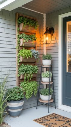 an outdoor planter with potted plants on the side of a house, next to a door