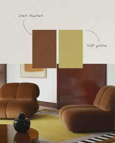 a living room with two brown chairs and a coffee table in front of the wall