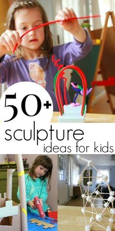 the cover of 50 sculpture ideas for kids is shown with pictures of children working on crafts