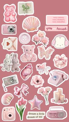 pink stickers with flowers and pictures on them