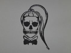 a drawing of a skull wearing a bow tie with a ponytail in it's hair