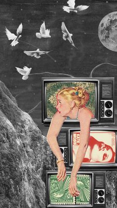 a drawing of a woman looking at two televisions with birds flying over her head