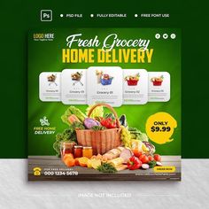 a flyer for fresh grocery is displayed on a green and white background with the words fresh grocery home delivery