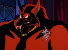 an animated character with horns and fangs on his face