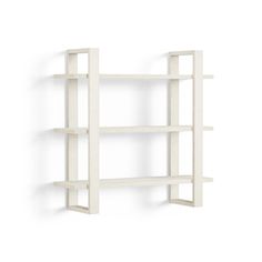 a white shelf with three shelves on each side and one is open to reveal the wall