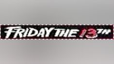 a black friday the 13th sign with red and white lettering on it's side