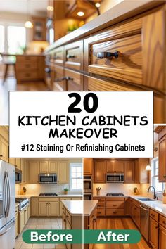 Before and after of kitchen cabinet refinishing showcasing transformation.