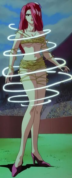 an animated image of a woman with red hair and no shirt on standing in front of a stadium