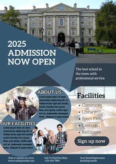 a flyer for an event with people in front of a building and the words graduation now open