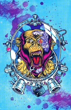 a poster with an image of a monkey on it's face and two bells