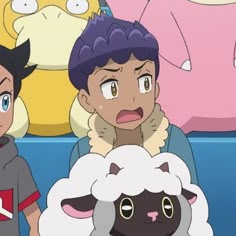 two people standing next to each other in front of stuffed animals and one person with an angry look on their face