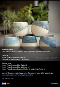 a group of white and blue bowls sitting on top of a table