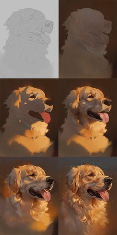 several different images of a dog's head with its mouth open and tongue out