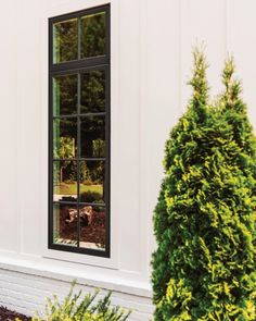an open window on the side of a white building next to a green bush and shrub