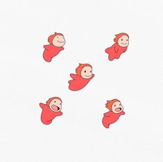 five little red people floating in the air with their mouths open and eyes closed,