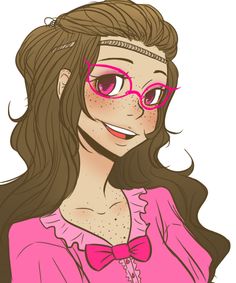 a drawing of a woman with glasses and a bow tie on her head, looking at the camera