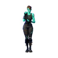 a woman with green paint on her face and body, standing in front of a white background