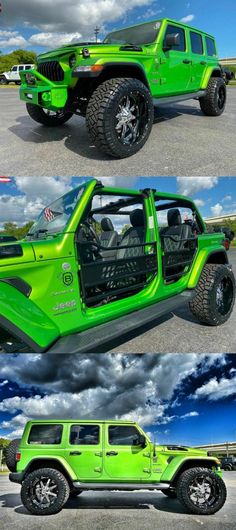 the green jeep is parked in a parking lot with clouds and blue sky behind it