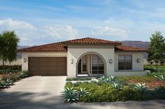 this is a rendering of a house in the desert with plants and shrubs around it
