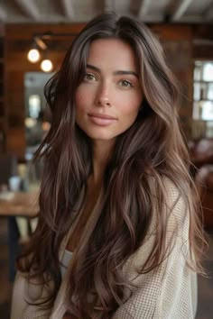 Hair Down Haircut, Haircut For Brunettes Long, Long Brown Hair Color, Feathered Haircut Long Hair, Trending Long Haircut, Haircuts For Long Brunette Hair, Brunette Hair Color Natural, Haircut Natural, Brown Long Hair Cut